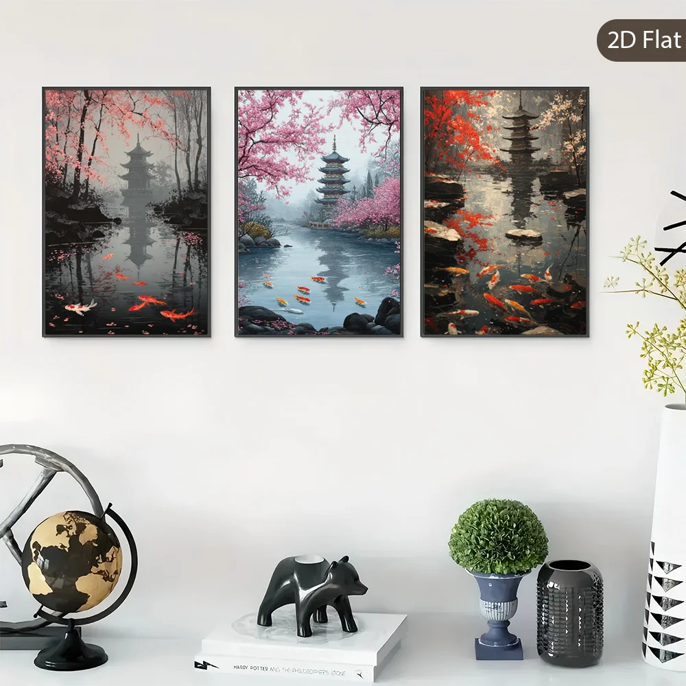 2D Flat, 3pcs Japanese Pagoda Cherry Blossoms & Tranquil Rivers Frameless Vertical Canvas Wall Art - Modern Minimalist Japane