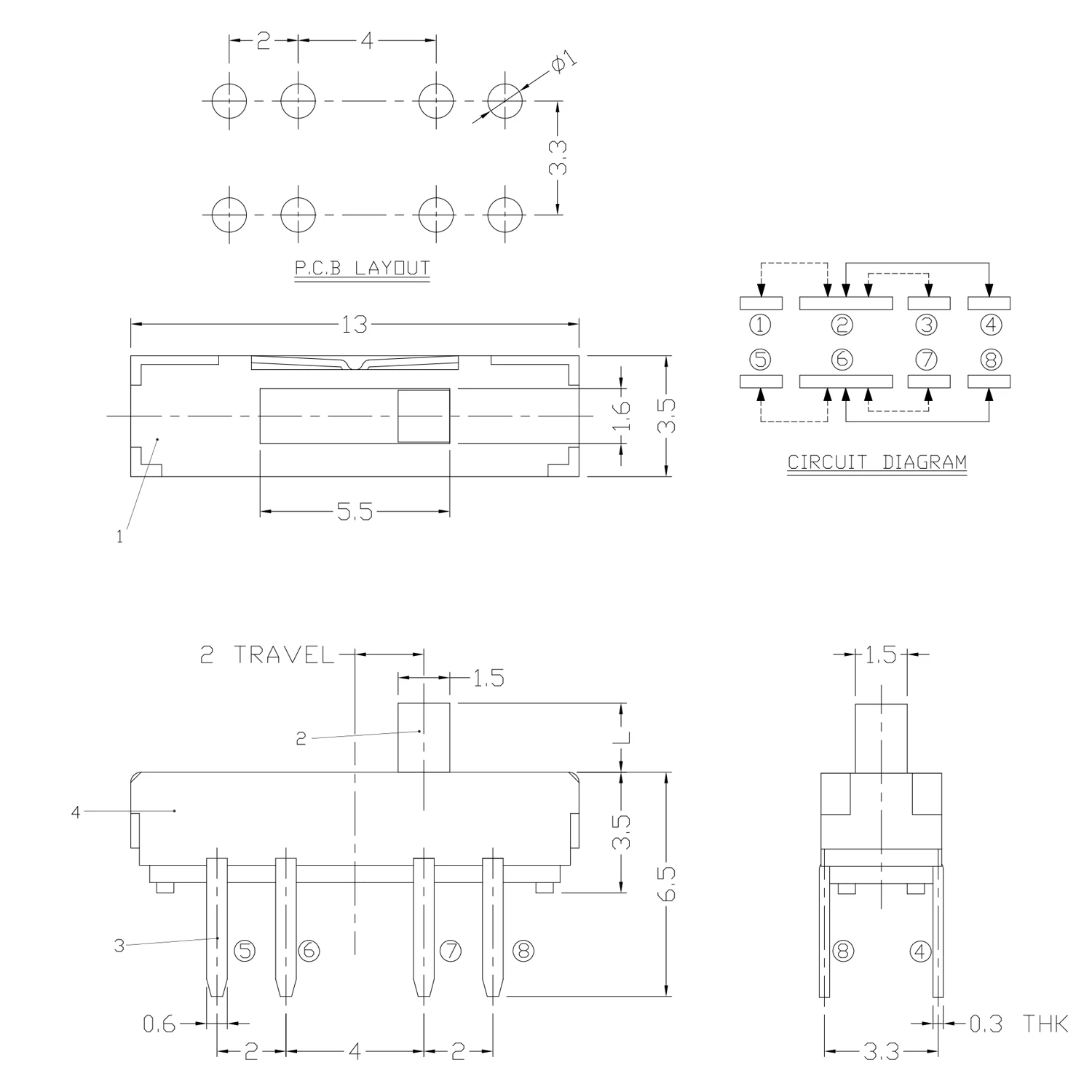 مفتاح انزلاقية أفقي صغير 3 موضع تبديل ميكرو ، ، 8 دبوس غمس ، 2 p3t ، 13 × من من من من من من ؟ ، H = 2 ، 3 ؟ ، 4 ؟ ، 10 ؟