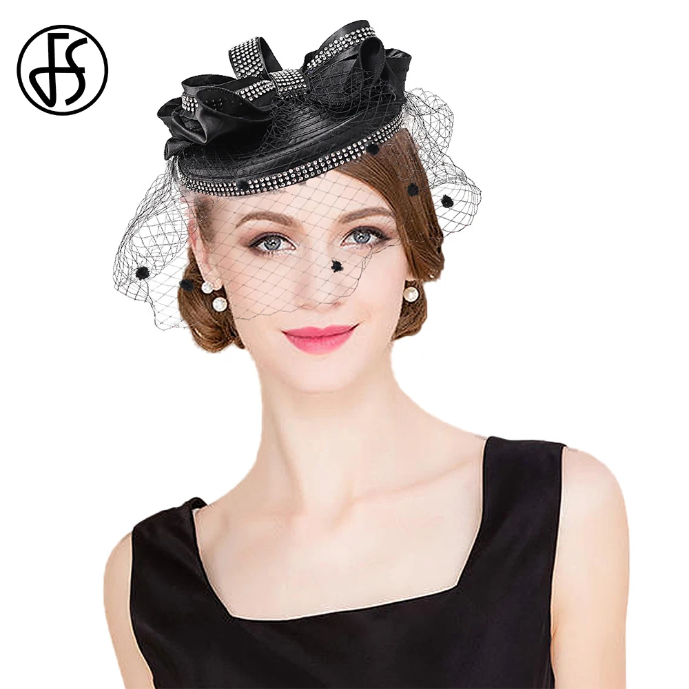 

FS Luxury Church Hat For Women Elegant Fascinator Derby Cap Vintage Black Veil Bowknot Pillbox Hats Tea Party Wedding Headdress