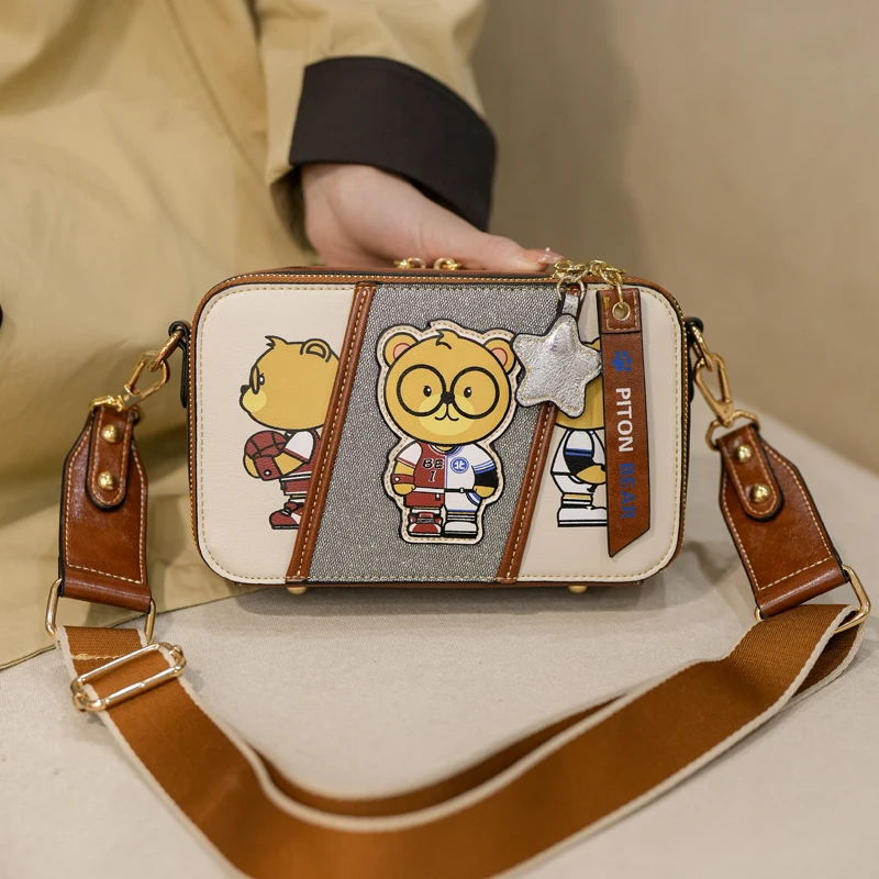 rectangle shape shoulder bag for women,Cute bear with glasses,women crossbody bag,fashion messenger Purse for Girl,Luxury bag