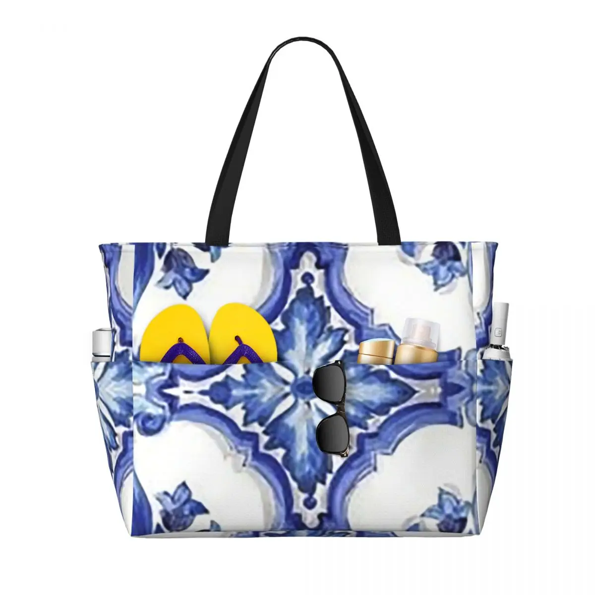 Blue Ornate Floral Mediterranean Sicilian Tile Beach Tote Bag Sport Gym Yoga Duffle Large Tote Bag Women Travel Bag Fitness bag
