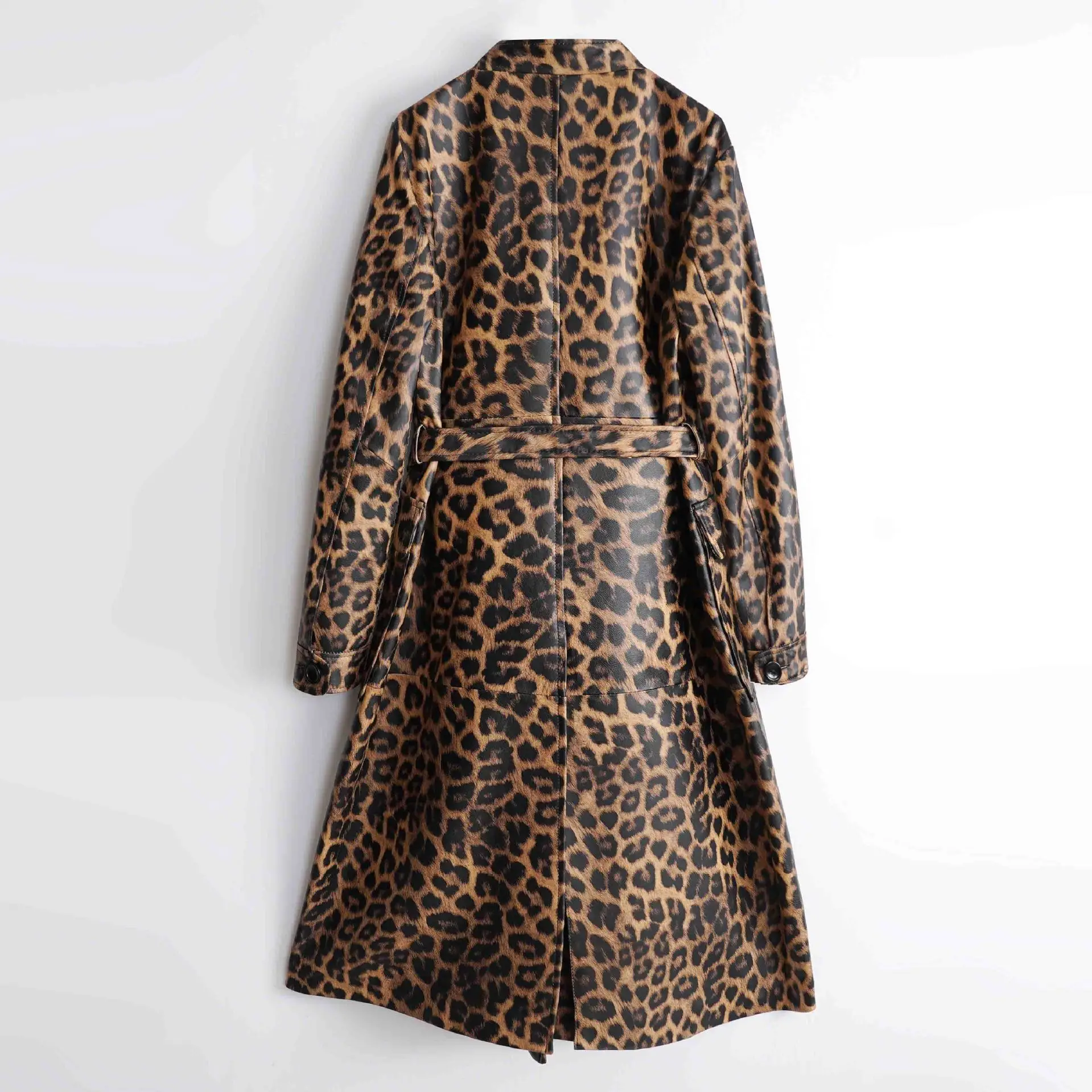 High Quality Women's Genuine Leather Trench Coat Fashion Leopard Print Ladies Lace-up Belt Pockets Long Sheepskin Trench Outwear