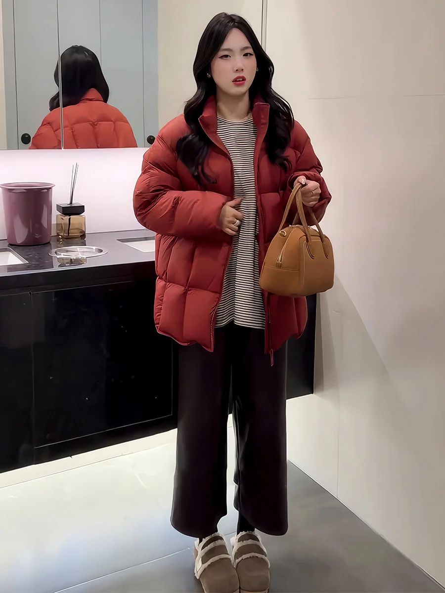 

Корейская красная пуховая куртка с воротником-стойкой для женщин, зимняя, свободного кроя, универсальная, новая, с наполнителем из 90% белого пуха, теплая верхняя одежда