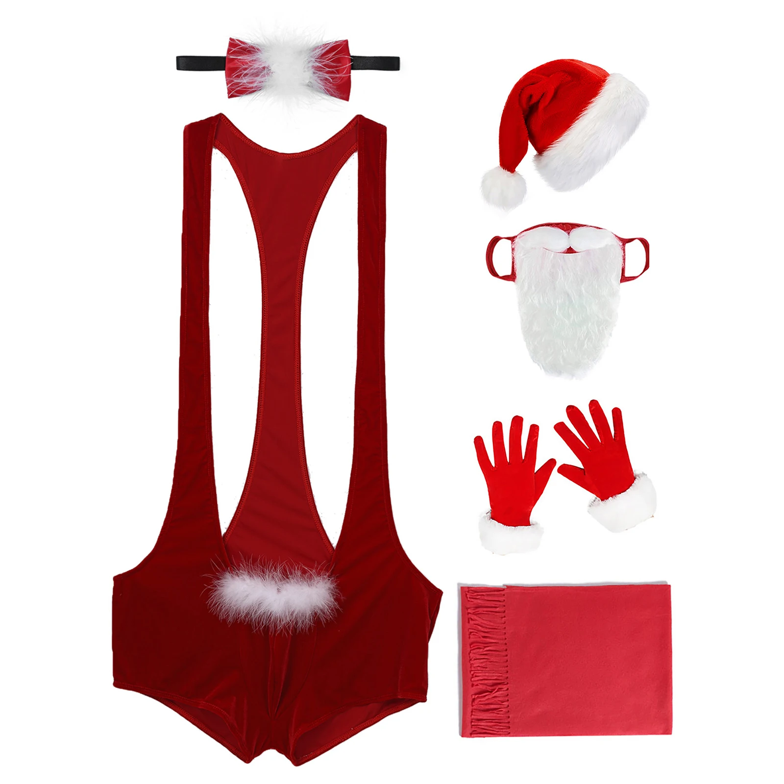 Costume natalizio da uomo Lingerie Body da Babbo Natale con papillon e cappello Guanti da barba Sciarpa Puntelli Set Carnevale serale di Capodanno