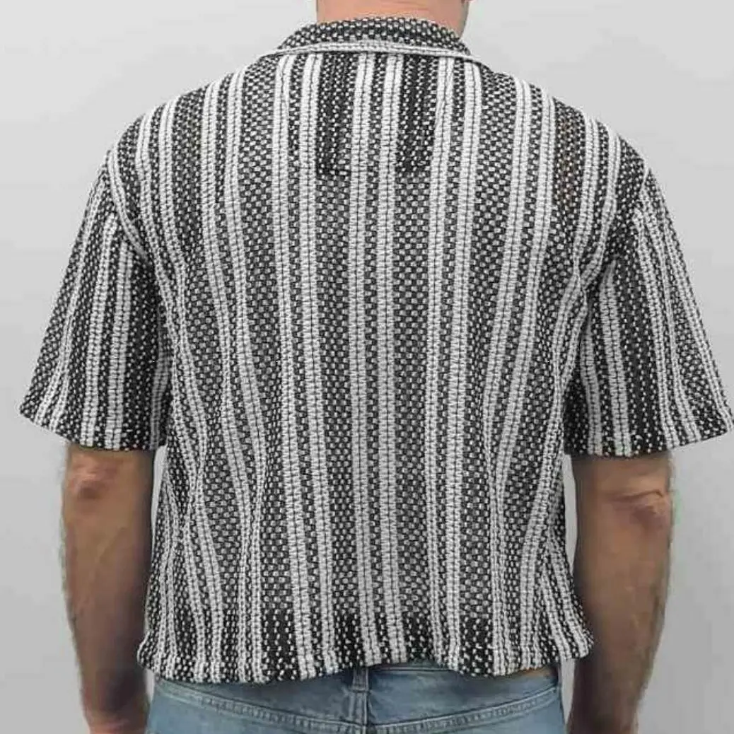 Men's Shirt Men's Summer New Fashion Striped Short Sleeve Loose Casual Mesh Hollow Shirt