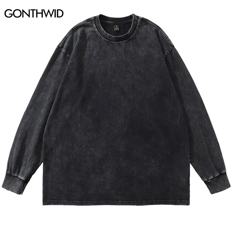 Long Sleeve T-Shirt Streetwear Men Solid Color Plain Casual Cotton Wash Distressed Tee Shirts Harajuku Fashion Loose Tshirt Tops