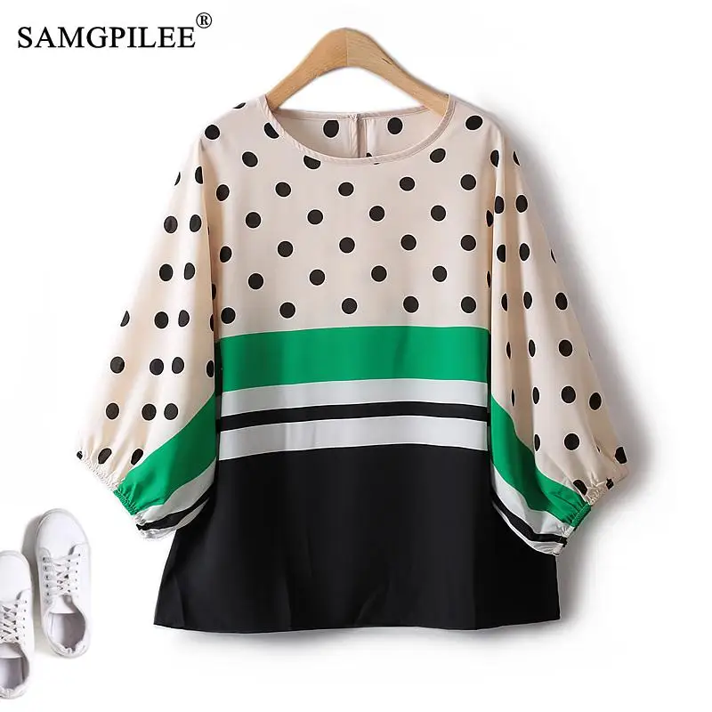 Tops Woman Contrasting Color Printed Lantern Sleeve Loose Polka Dot Thin Chiffon Shirts And Blouses 2023 Summer Women's Clothing