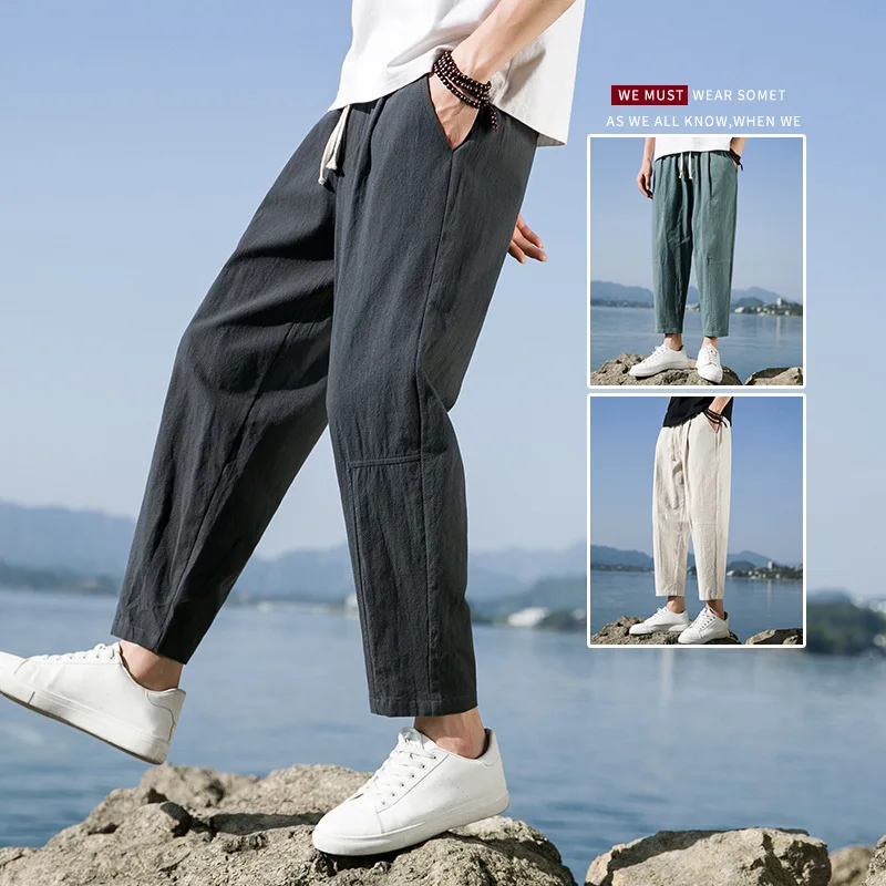 

2023 Summer Casual Pants For Men's Versatile Cotton And Hemp Loose Outwear Korean Edition Trendy Cropped Straight Leg Home Pants