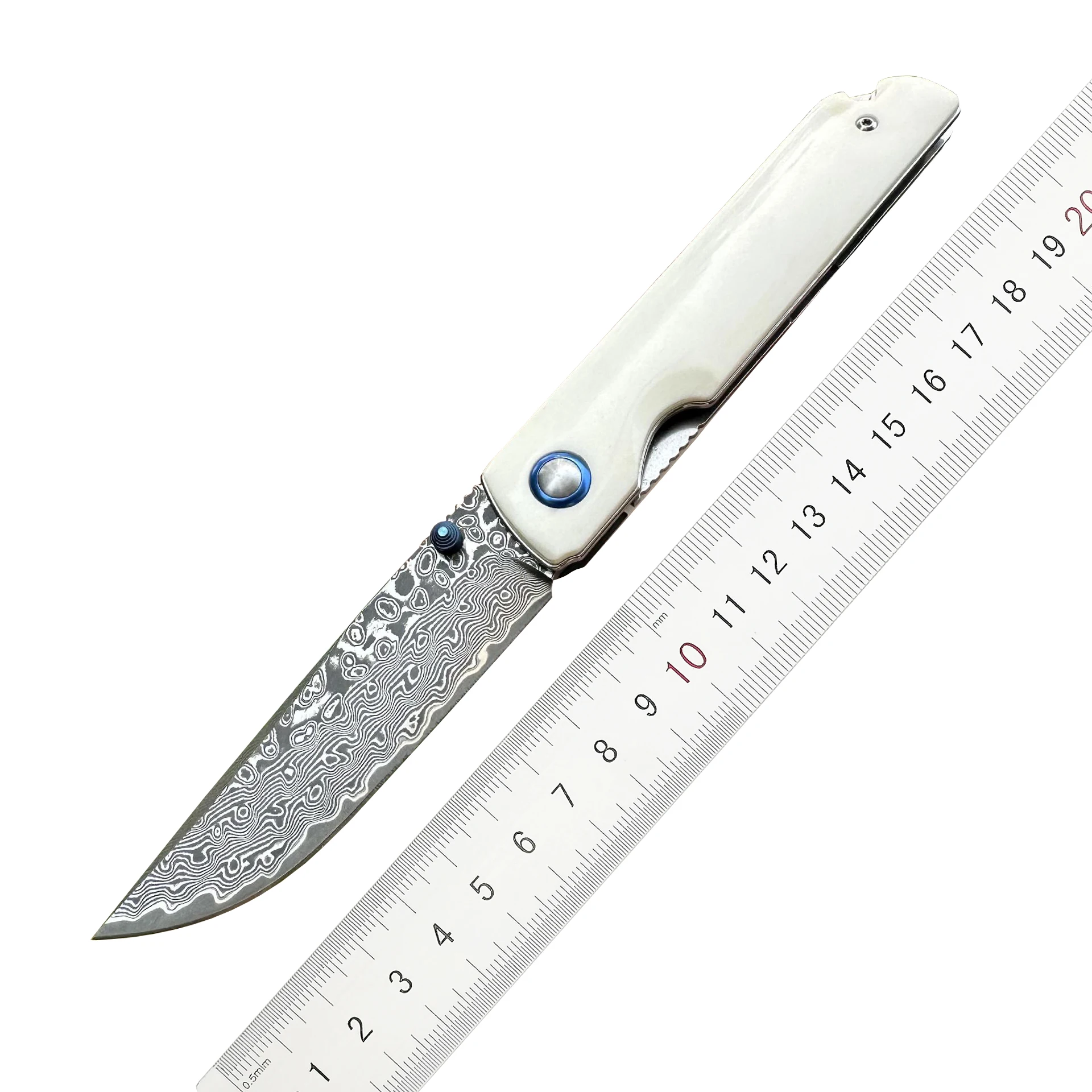 VG10 Damascus Steel with Natural White Oxbone Handle Folding Knife Outdoor Mini Portable Camping Folding Knife BBQ Fruit Knive