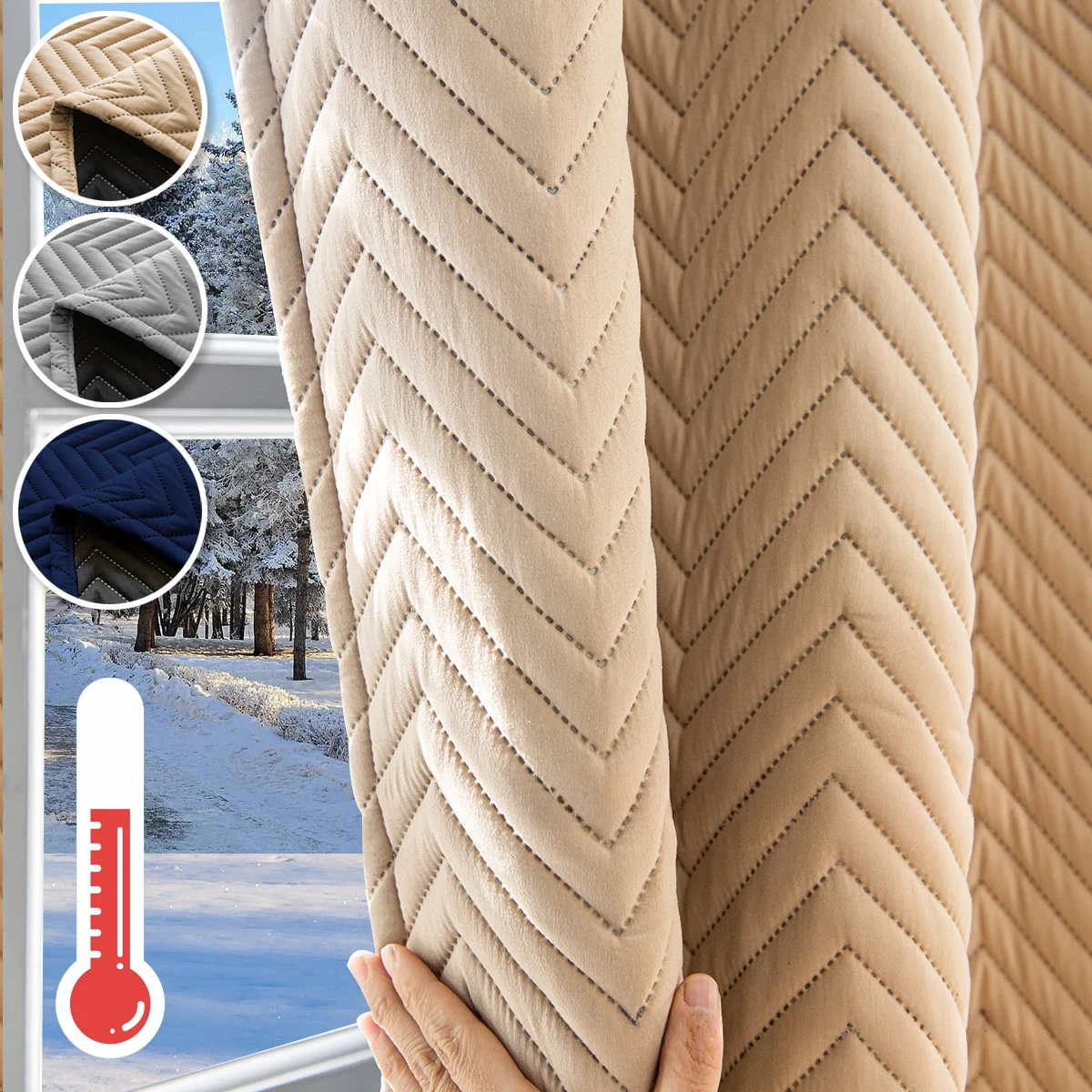Winter Heavy Duty Windproof Warm Quilted Plush Cold-Proof Full Blackout Curtain Rod Pocket Window Drapes for Living Room Bedroom