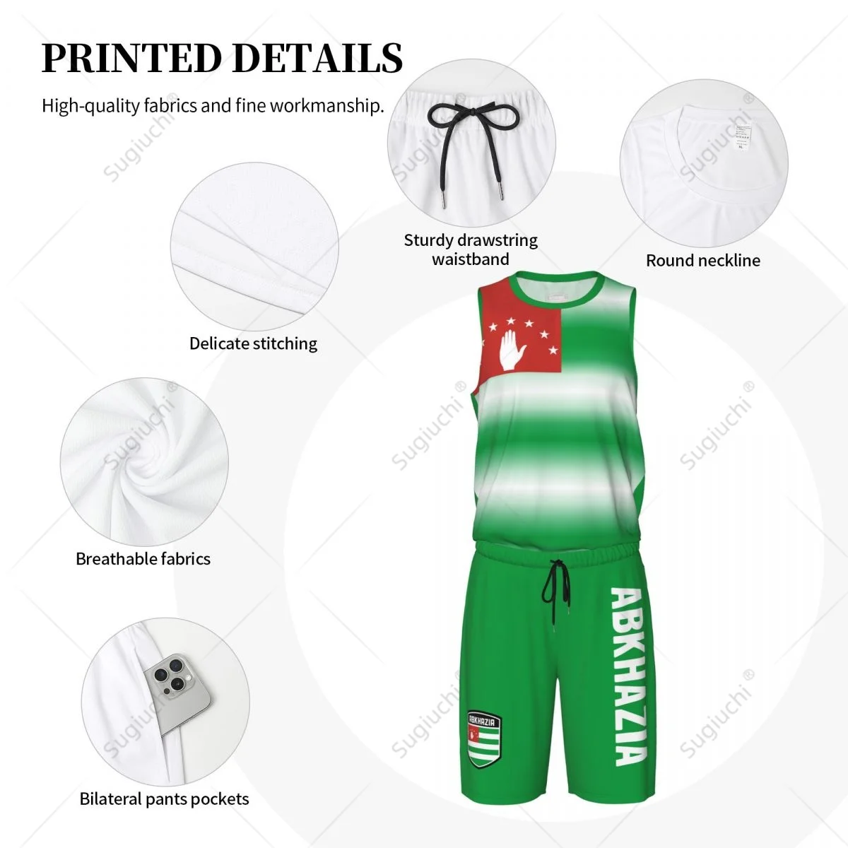 Heren Republiek Abchazië Vlag Basketbal Jersey Set Mesh Shirt & Broek Mouwloos Exclusief Team-up Aangepaste Naam Nunber Unisex