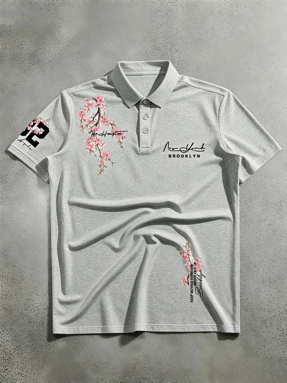 Amerikanisches Herren-Sommer-Polo-T-Shirt mit Kirschblüten- und Brooklyn-Buchstaben-Print, weich, atmungsaktiv, kurzärmelig, für Outdoor und Freizeit – Detail 7