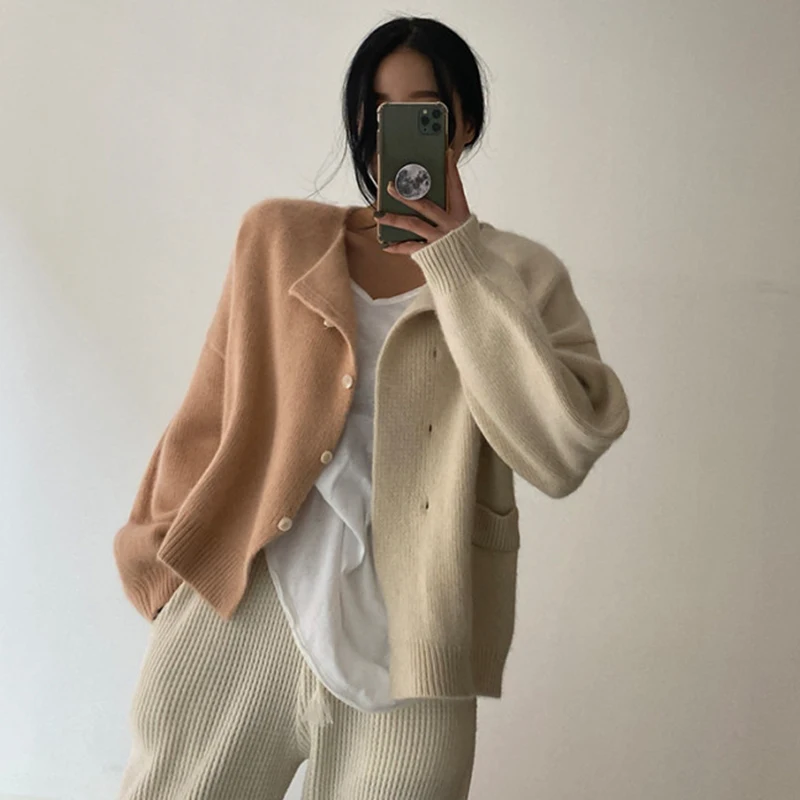 

Chic Autumn Winter round Ne Splice Color Design Loose Long Sve Knitted Open Cardigan Sweater Women's Faion Commute Sle
