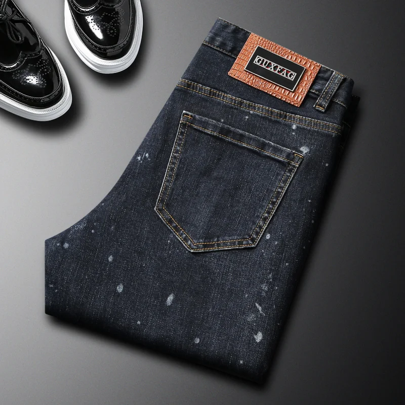 

Inkjet Embroidered Jeans, Men's Autumn New Style, Personalized Paint Dot, Trendy Print, Slim Fit, Small Straight Leg Pants