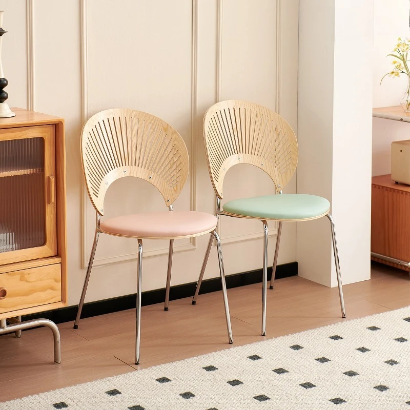 Pink Solid Wood Shell Chair for Dining Table Small Space Vanity Stool with Backrest Compact Kitchen Seat Retro Dressing Stools
