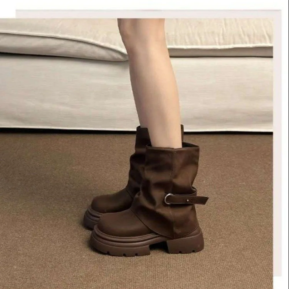 Women Slouchy Mid‑Calf Boots, buckle strap design, thick chunky platform heel.vintage distressed finish. Cool street‑style boots
