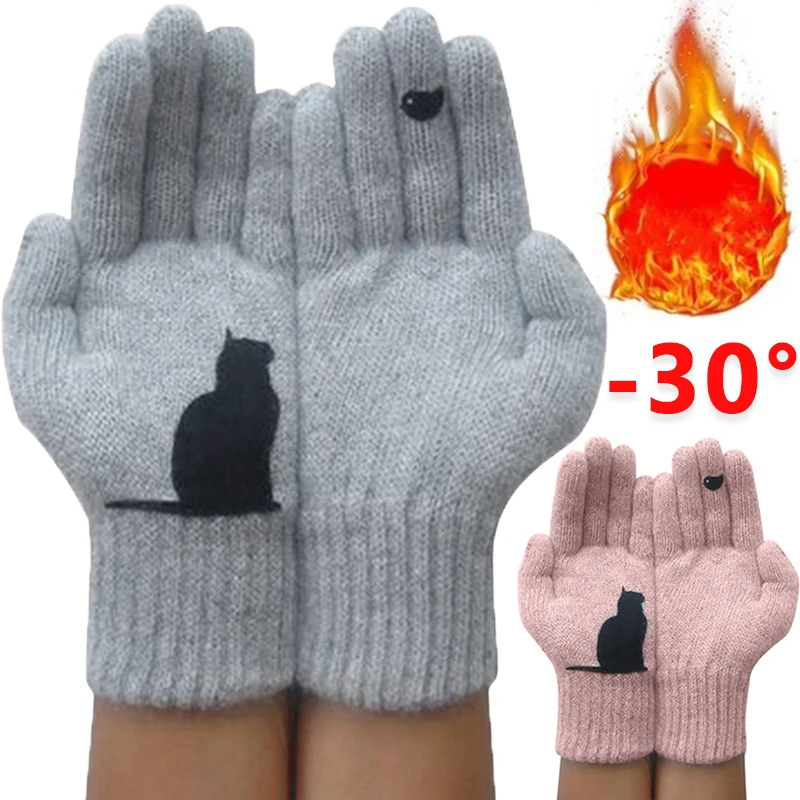 Women  Faux Wool Gloves Cartoon Cat Bird Autumn Winter Thicken Knit Warm Gloves Cashmere Cute Fashion Outdoor Cycling Gloves