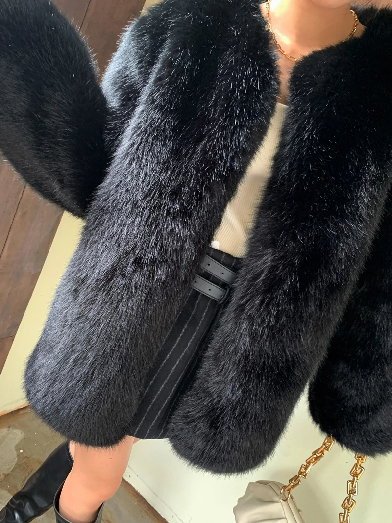 Female High Quality Faux Fox Fur Coat Black Jacket Lady Outerwear Women's Coats Promotion