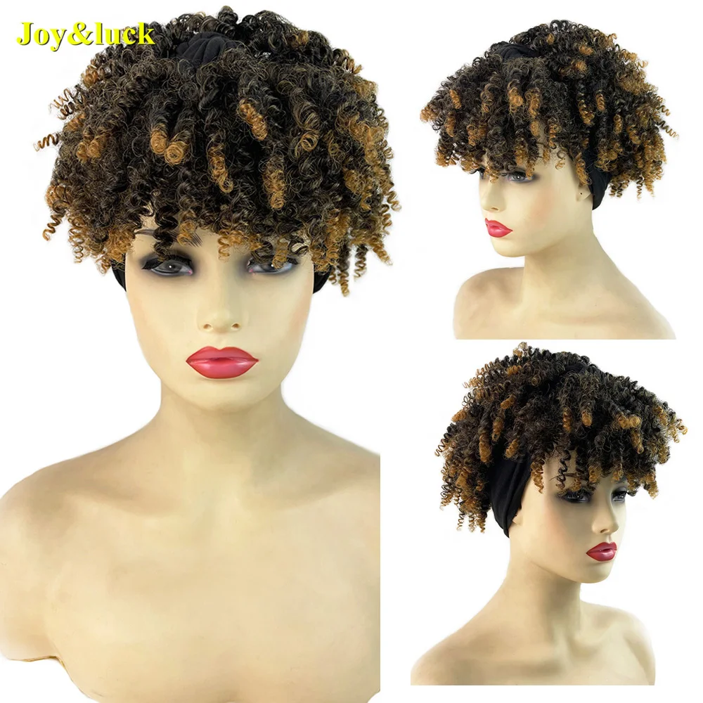 

Synthetic Black Headband Wig Short Brown Linen Afro Kinky Curly Wigs With Bangs For Women Daily Use Hair