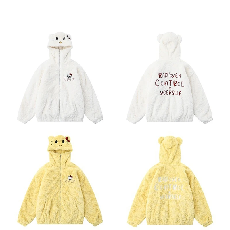 Manteau d'hiver en coton Hello Kitty pour femme, fourrure d'agneau, veste à glissière en fourrure, optique en peluche, haut mignon, cadeau de Noël et d'anniversaire, nouveau