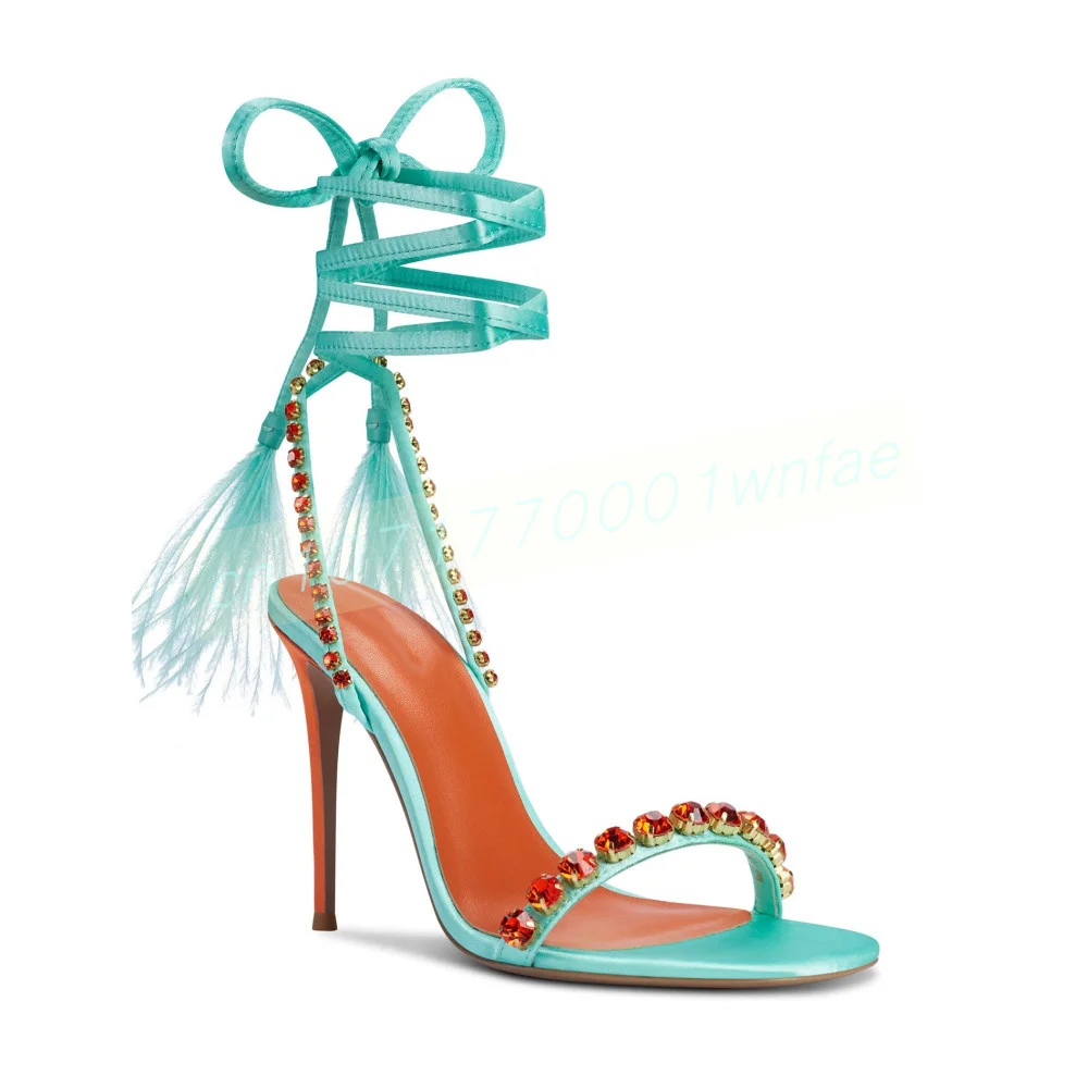 Women Round Toe Rhinestone Stiletto Sandals Satin Ankle Lace Up Feather Tassel Wrap Around High Heels Prom Fashion Dress Heels