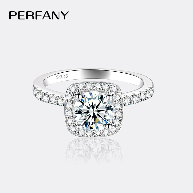 PERFANY 0.5/1/2CT Moissanite Ring for Women S925 Pure Silver Four Claw Square Wedding Ring Fashion Wedding Jewelry