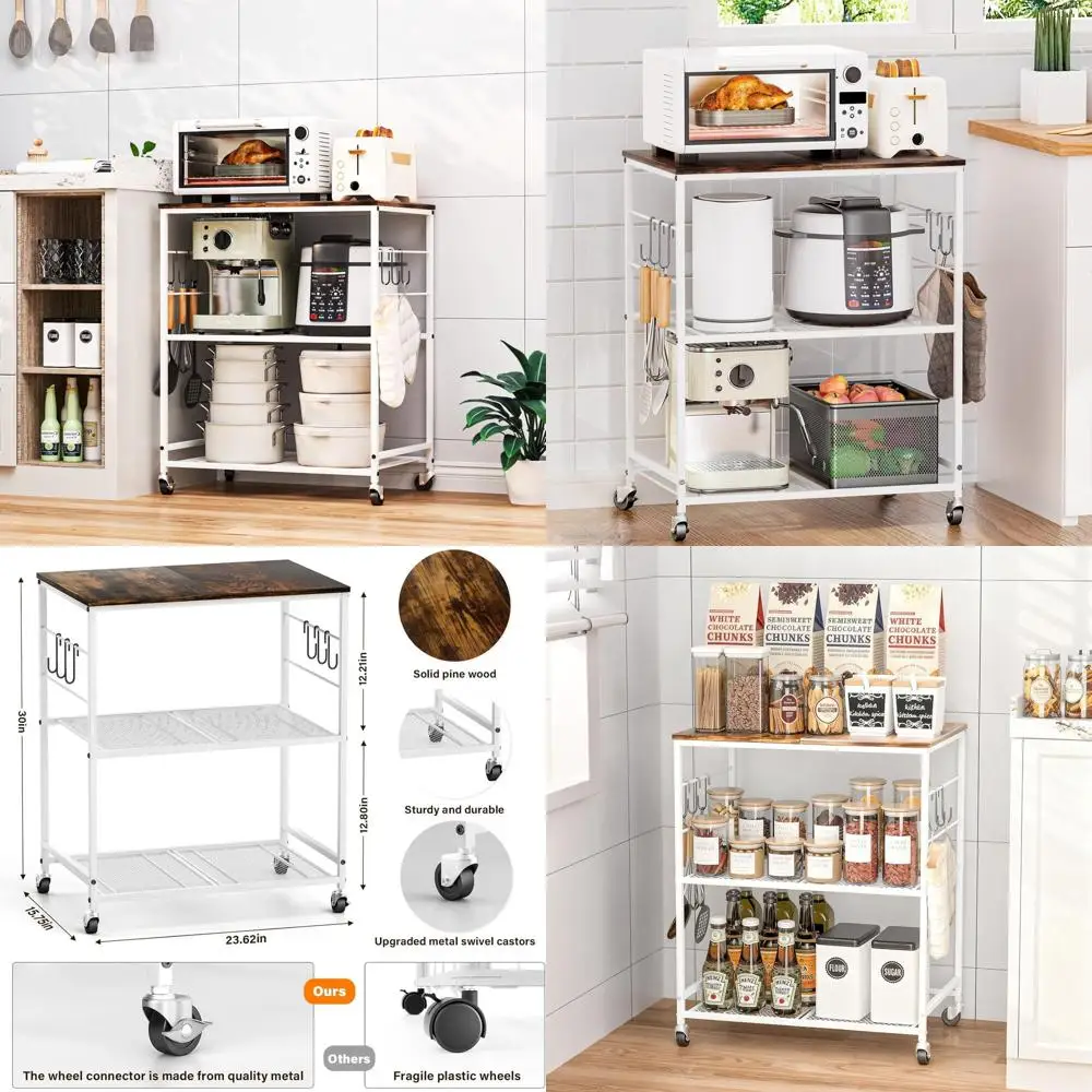 

3-Layer Lockable Wheel Kitchen Trolley, White, for Home, Office, Outdoor Spaces