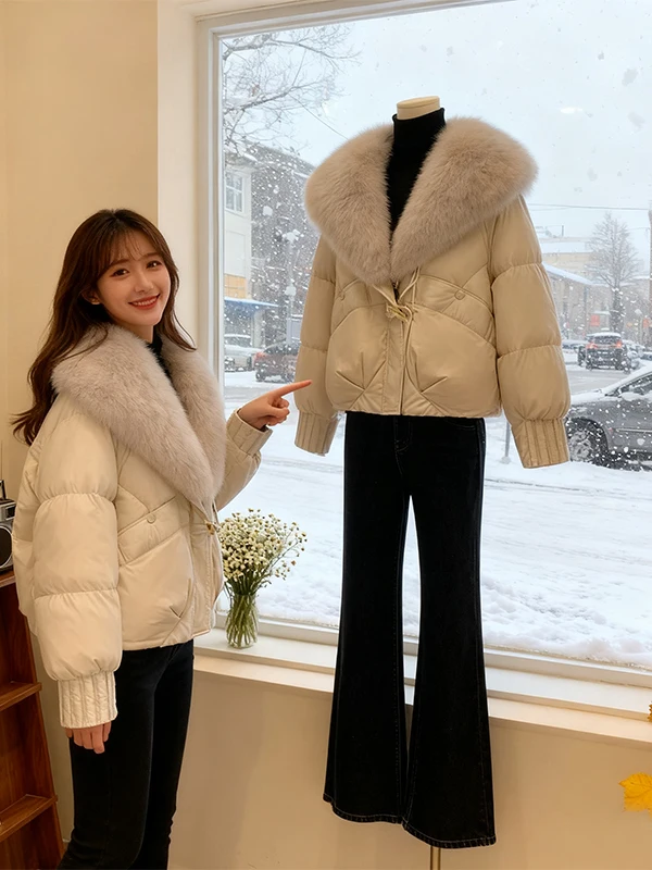 

Ele Loose ort Thiened Cotton Jaet Women's Winter Outerwear with Large Fur Collar Slimming Sli Small Size Coat