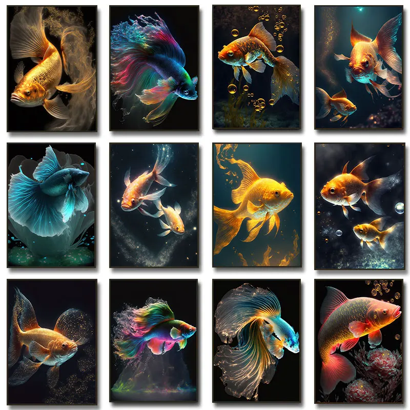 Beautiful Colorful Fish Tail Koi Goldfish In The Water Fish Tank Room Home Decor Posters Prints Canvas Painting Wall Art Picture