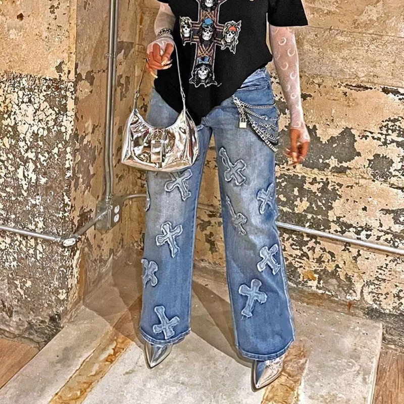 Cross Patchwork Washed Jeans Women Y2k 2023 Autumn New Casual Soild Color Mid Waist Denim Straight Leg Pants Streetwear