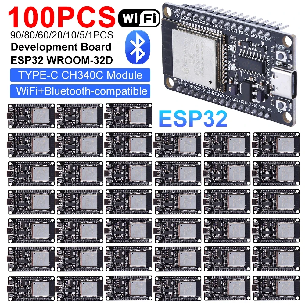 

Плата для разработки ESP32, 1-100 шт., ESP32 WROOM-32D, модуль Wi-Fi+Bluetooth с интерфейсом TYPE-C CH340C для платы разработки IOT, 32 Мбит