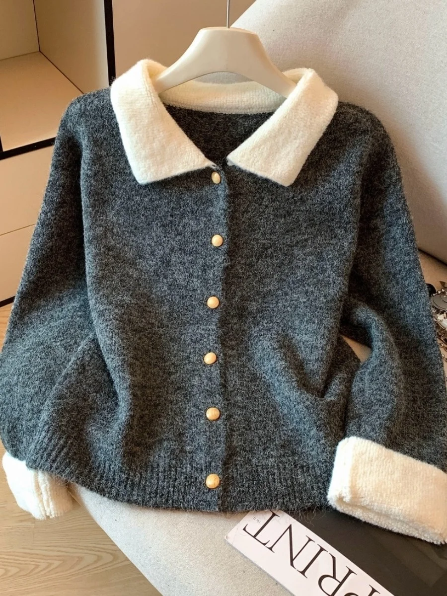 

Женский свободный вязаный свитер, пальто с воротником, цветной дизайн, осень-зима, новый корейский свободный вязаный кардиган