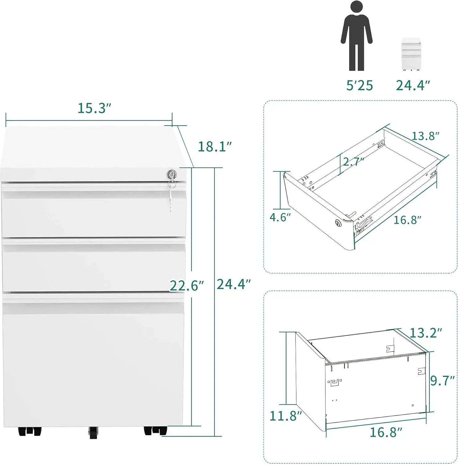 3-Drawer Mobile File Cabinet with Lock, Office Storage Filing Cabinet for Legal/Letter Size, Pre-Assembled Metal File Cabinet
