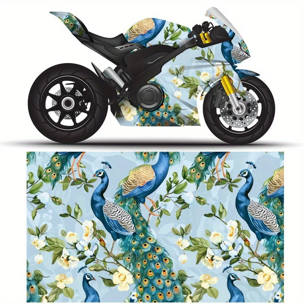

Peacock and Floral PatternPVC Motorcycle Vinyl Wrap, Self-Adhesive Waterproof Sticker, Anti-Scratch Decorative Film for Bike Bod