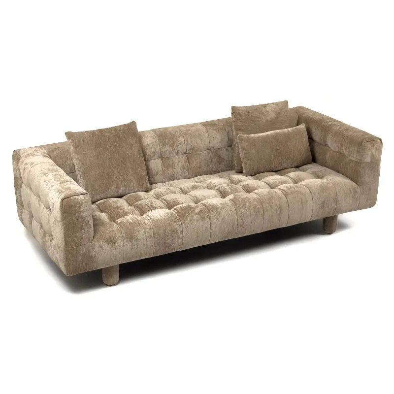 Simple style tufted fabric sponge filled square three-seater sofa modern plush linen fabric sofa