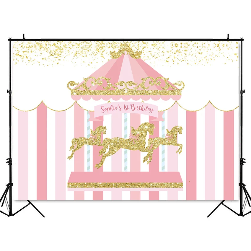 Carousel backdrop happy birthday background for photo customize newborn kids pink girls party decoration supplies glitter prop