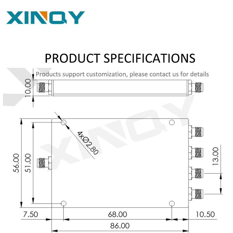 XINQY Combinatore di potenza RF Divisore di potenza 4 vie 20W 450-8500MHz WiFi RF Splitter di potenza con connettore S personalizzabile