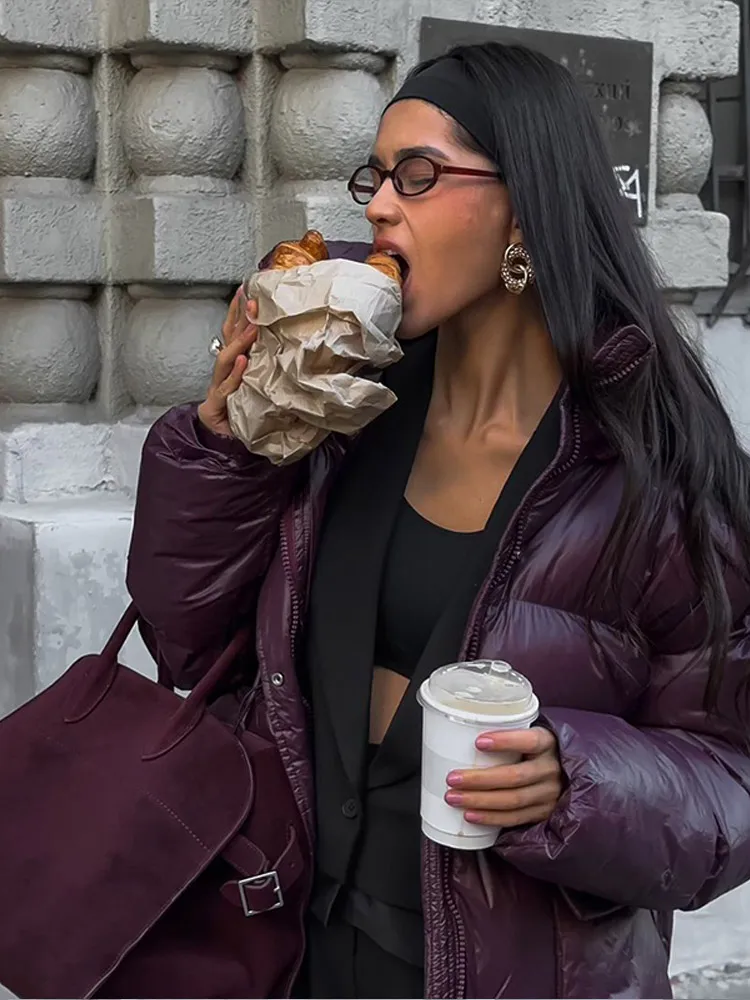 2024 neue Burgund Winter Warme Daunen Jacke Frauen Elegante Stehkragen Spitze Up Tasche Baumwolle Mäntel Herbst Weibliche Straße Oberbekleidung