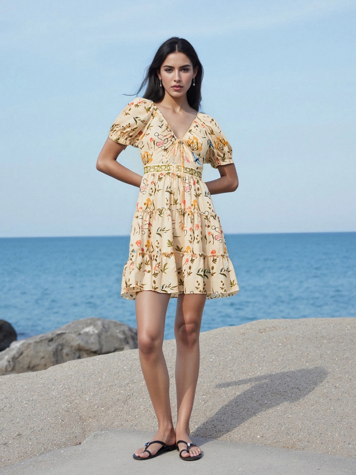 Women s Floral Print Mini Dress Puff Short Sleeve Elastic V Neck Tiered Hem Dress Spring Summer Short Dress