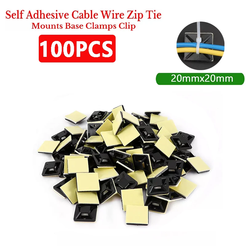 100PCS Tie Holder Adhesive Flange Support with Self-locked Cable Tie Set Cable Holder Desk for Cable Management