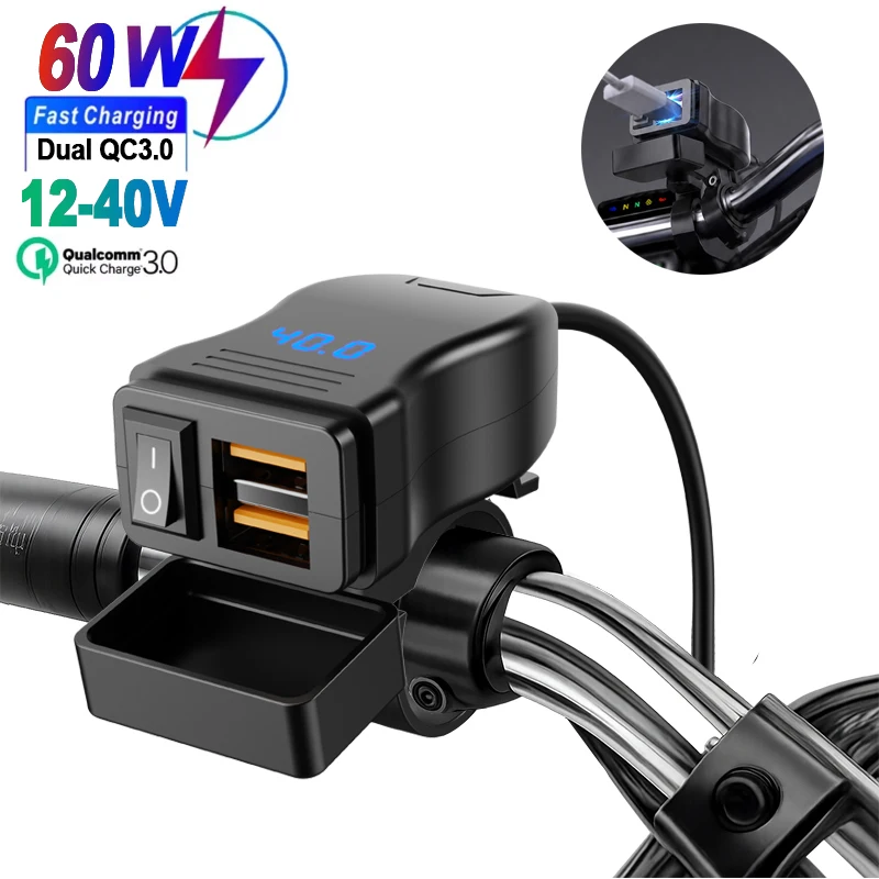 Dual QC3.0 Motorcycle USB Charger Handlebar Dual USB Port with Voltmeter Switch Waterproof 12-40V Fast Charging Adapter