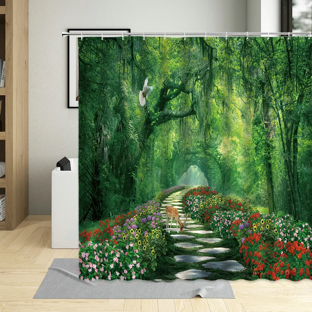 Sunlight Shine Mysterious Bamboo Forest Shower Curtain Set Spring Green Tree Woods Flower Pastoral Bathtub Curtains Home Decor