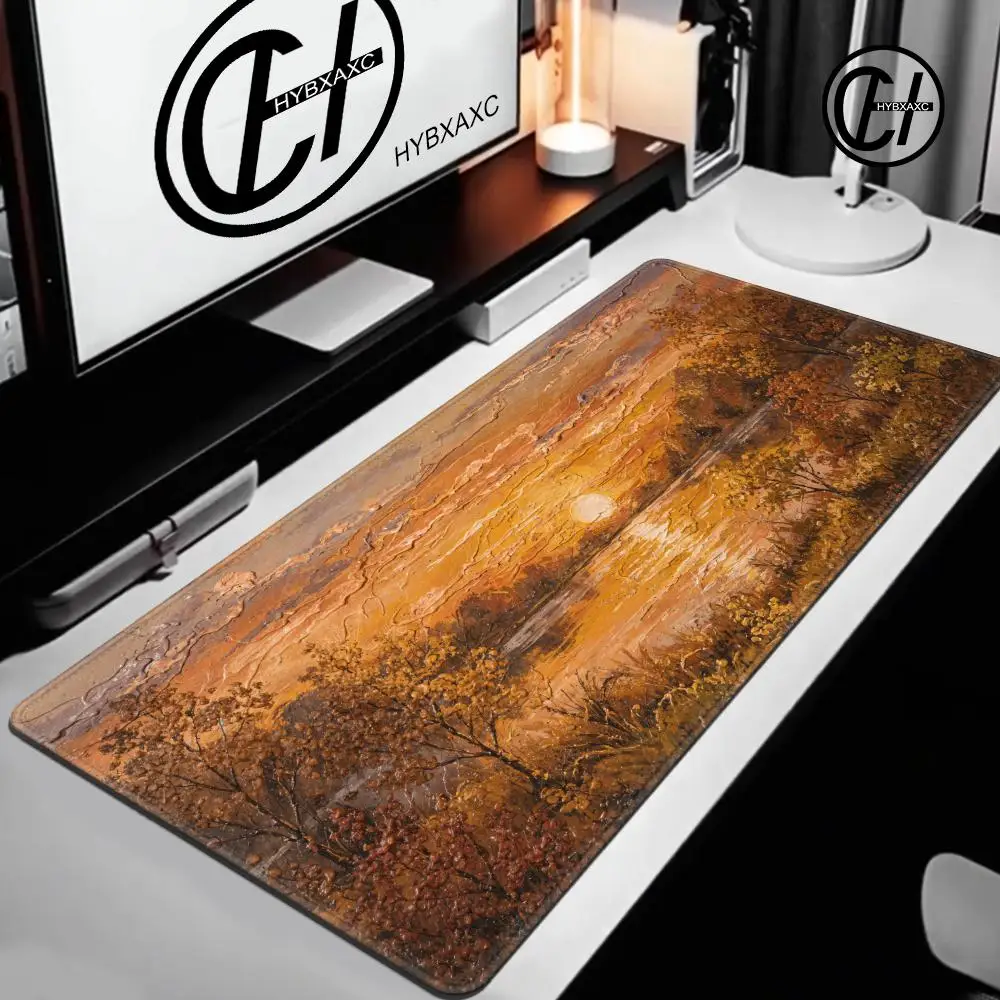 HYBXAXC Vintage Autumn Lake Sunset Oil Painting Mouse Pad Cute HD Desk Pad Extended Gaming Keyboard Mats Large XXL Gamer