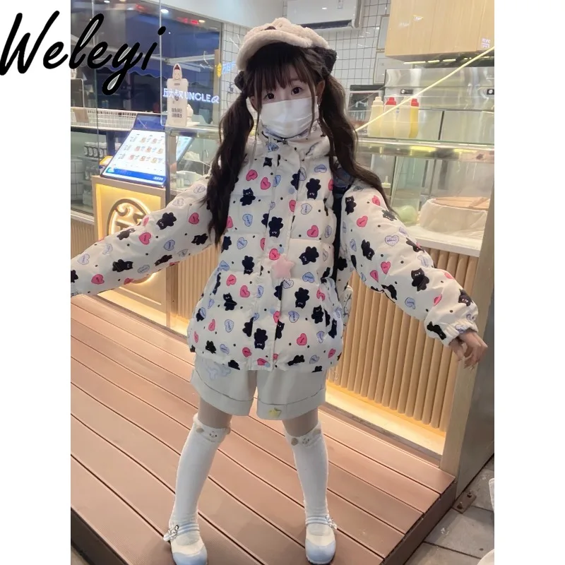 Cute Double Sided Two Wear Down Jacket Women Clothes Winter New Sweet Versatile Thickened Bear White Duck Down Long Sleeved Tops