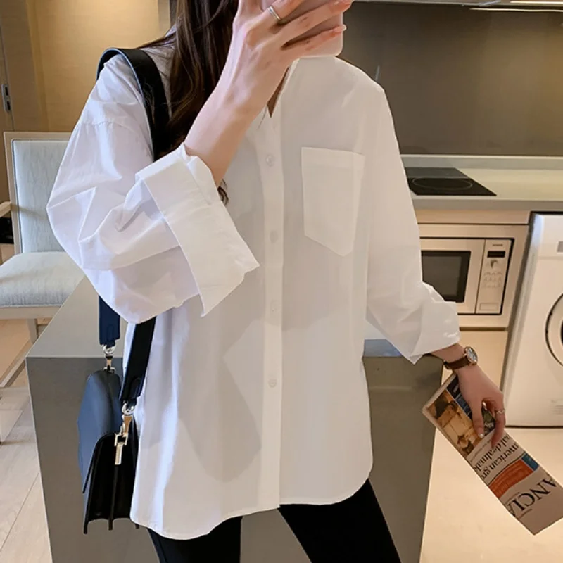 Autumn Long Sleeve White Women Shirt Fashion Loose Blouse Office Lady Elegant Cotton Tops