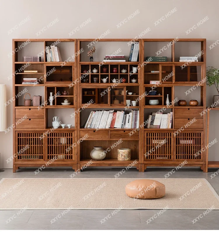 

HSolid wood bookcase New Chinese style old elm bookshelf Living room whole wall display cabinet Study home locker