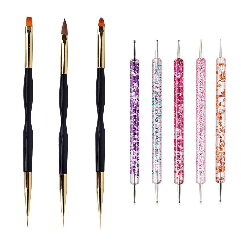 5/20 piezas Pinceles para arte de uñas, punta de diseño, dibujo, tallado, punteado, plano, abanico, delineador, acrílico, gel, UV, esmalte, herramientas de manicura 5