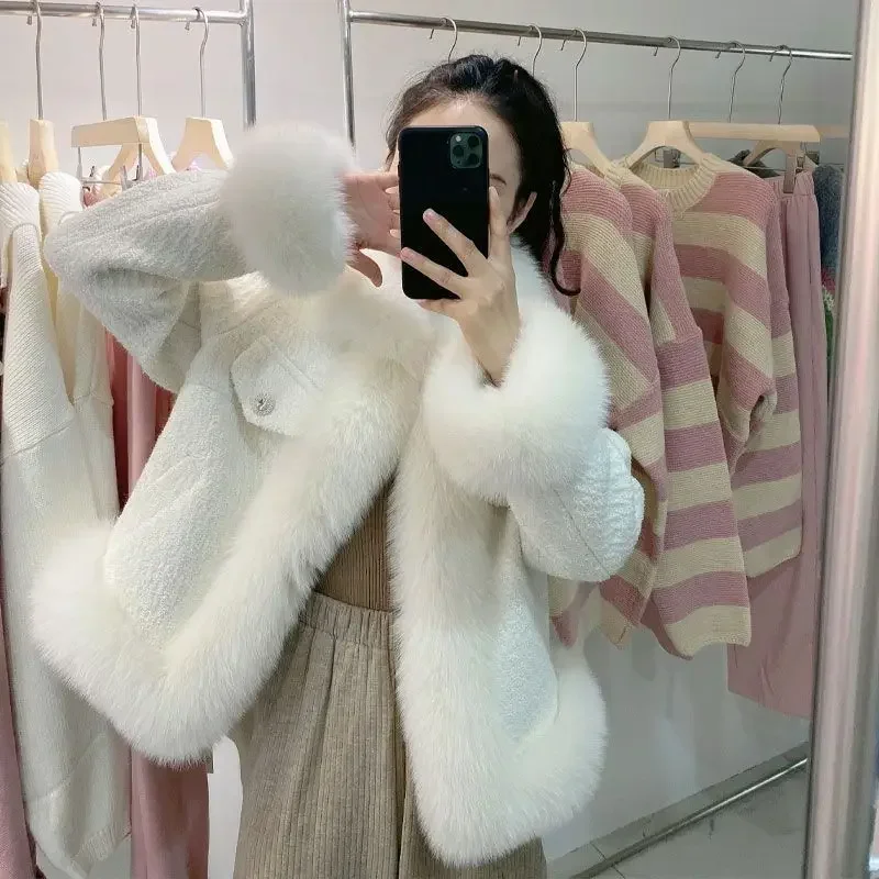 Winter New Women Imitation Fox Fur Coat Female Casual Warm Woolen Outwear Fashion Patchwork Wool Slim Fit Short Jacket