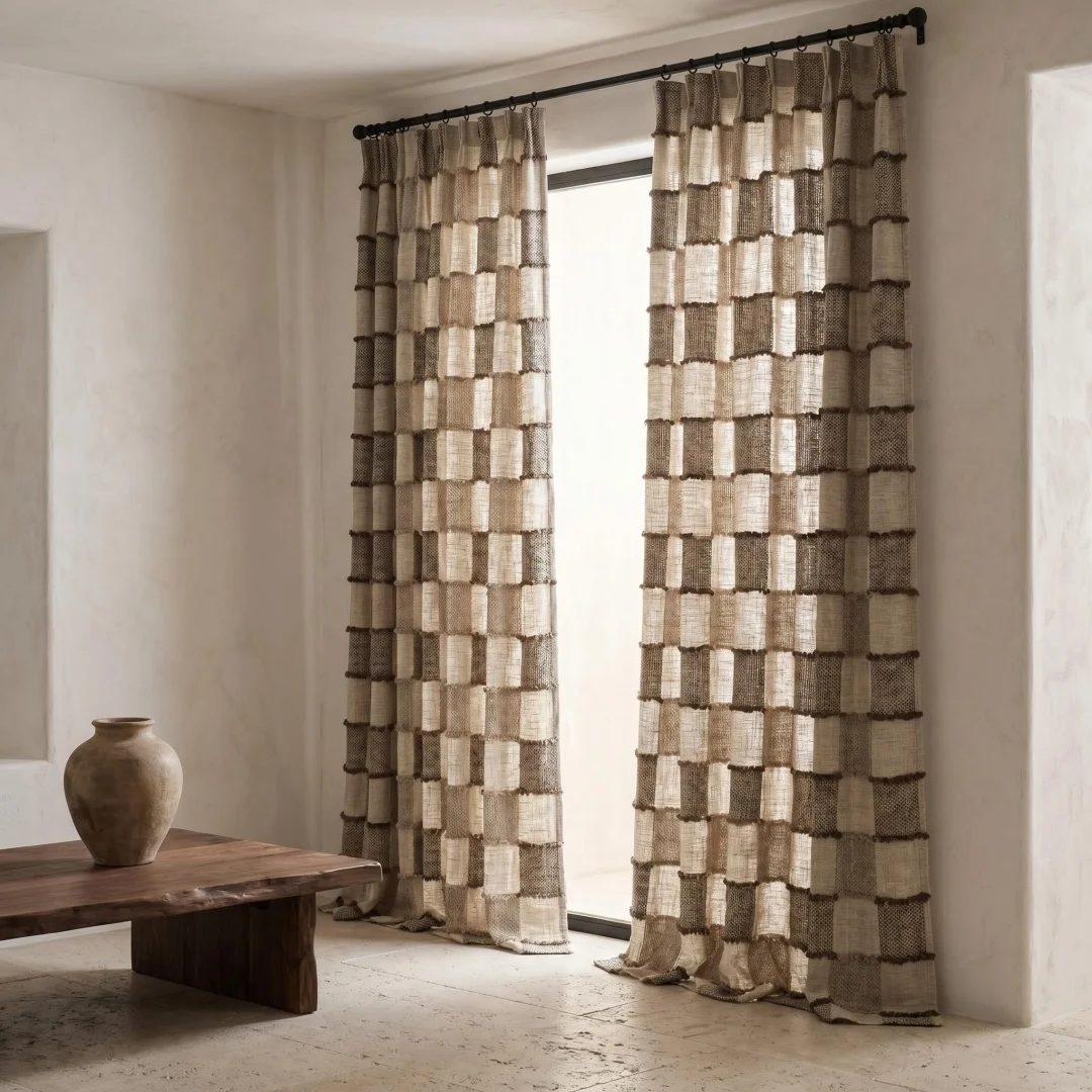 Quietly woven plaid linen gauze curtain art partition gauze curtain antique home wind coarse texture curtain