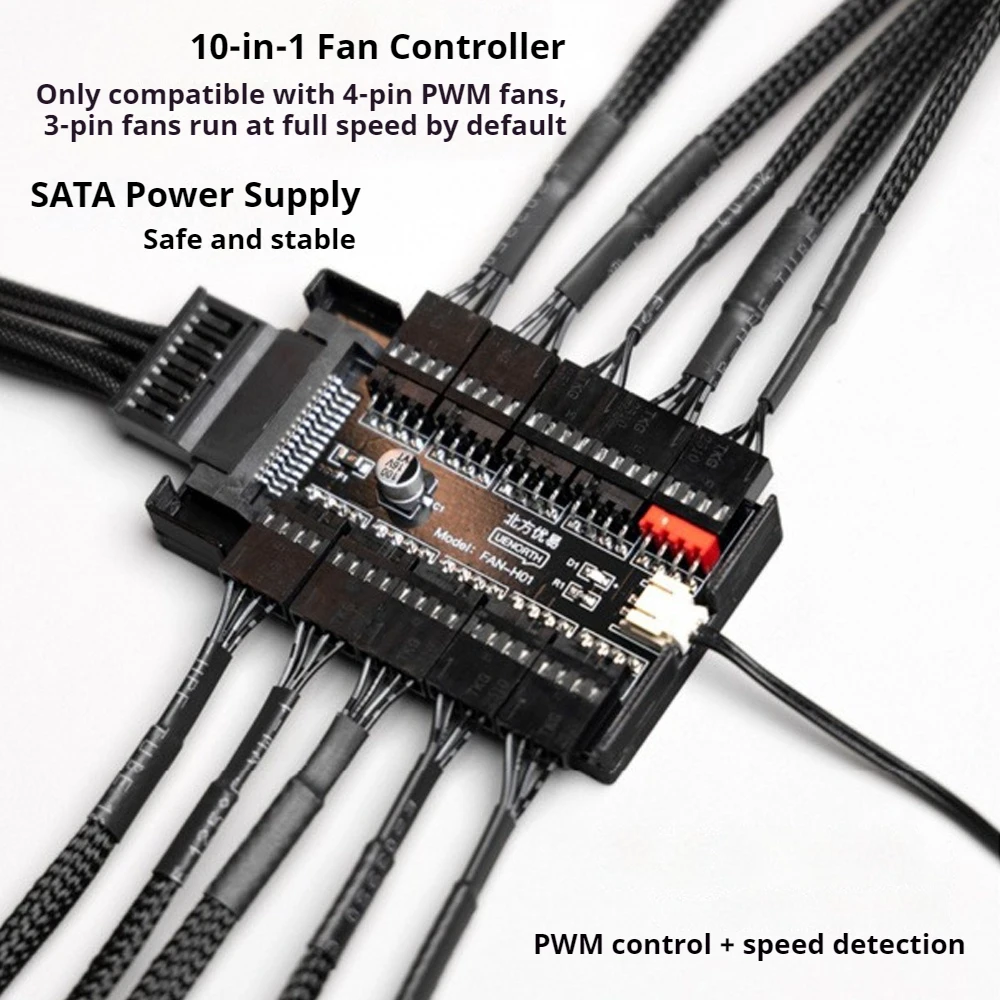 

10-Port PWM Fan Hub with Temperature Control 4-Pin SATA Power Supply Expansion Box for Computer Hardware